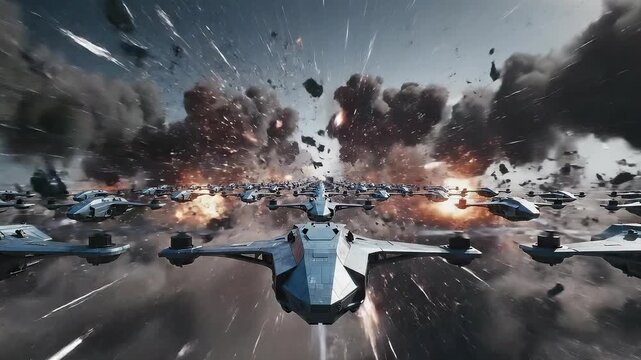 A fighter jet flies toward the camera as explosions erupt behind it. Concept of military power and conflict.