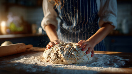 Detailed close-up of hands kneading whole grain dough, flour dusting the workspace, warm natural light, healthy cooking, meal preparation, and artisanal nutrition theme