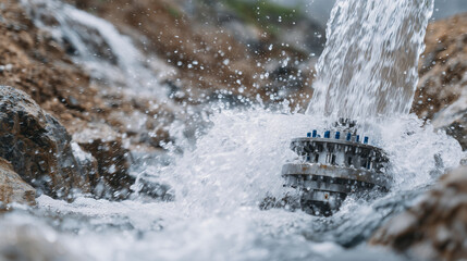 Detailed close-up of a small-scale hydroelectric turbine in a water channel, metallic components and flowing water captured sharply, blurred natural surroundings, renewable energy,
