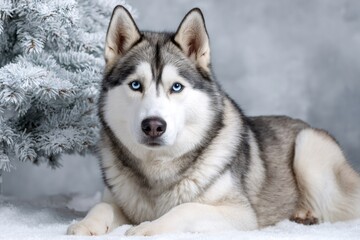 Siberian husky dog lying in winter snow