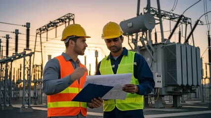 Two men electrical engineers reviewing blueprint plans at power substation, discussing and pointing for infrastructure project.