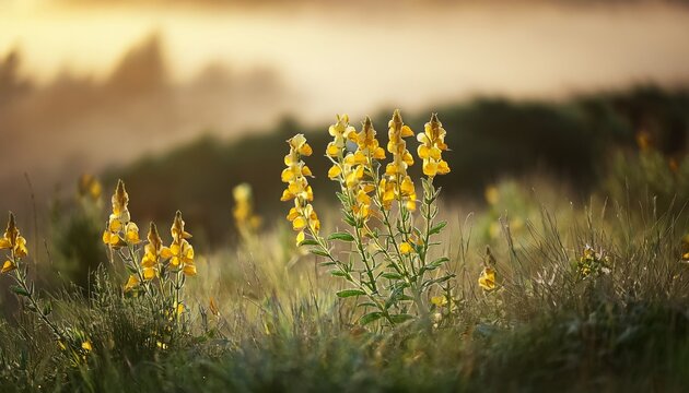 Fading Yellow Toadflax Linaria Vulgaris Flowers In Soft Natural Light