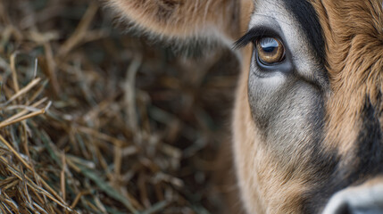 Macro view of a cowâs eye and textured fur, soft-focus barn interior and hay in background, livestock care, farm life, and animal husbandry concept