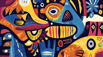 Obraz premium Abstract colorful artwork with surreal faces and intricate shapes, offering a captivating visual experience AI Generative