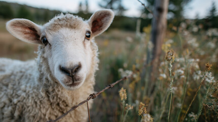 Fototapeta premium Close-up of a sheep grazing with textured wool visible, blurred pasture and fence in background, livestock care, rural farm environment, and sustainable agriculture concept