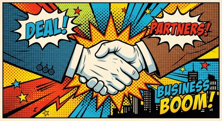 business people handshake deal agreed pop comic art style background