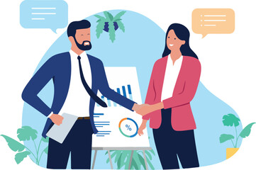 Businesspeople, man and woman shaking hands, symbolising a successful deal or partnership, with a presentation board showing charts and speech bubbles in the background. Flat design illustration
