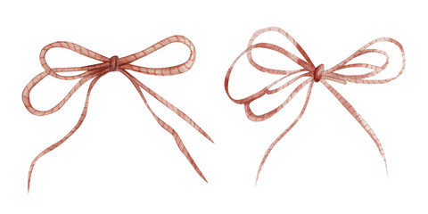 Watercolor illustration of two rustic twine bows, isolated on white background. Hand-painted. Decorative element for packaging, craft projects, eco-friendly wrap, farmhouse labels, scrapbook, design.