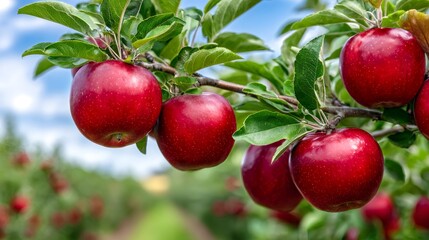 Obraz premium Ripe red apples hanging on tree branch in orchard