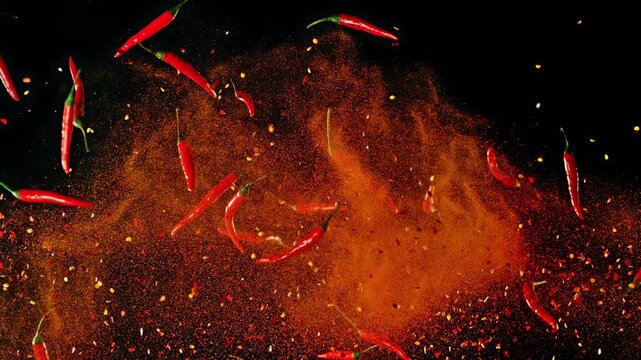 Super Slow Motion of Red Chili Peppers Hitting in the Air. Filmed on High Speed Cinema Camera at 1000 FPS