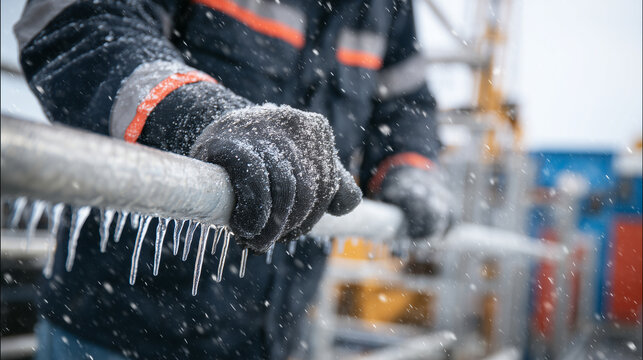 Detailed macro shot of gloved hands gripping a snow-covered industrial pipe, icicles forming on edges, blurred machinery in background, winter work, outdoor industry, and cold clim