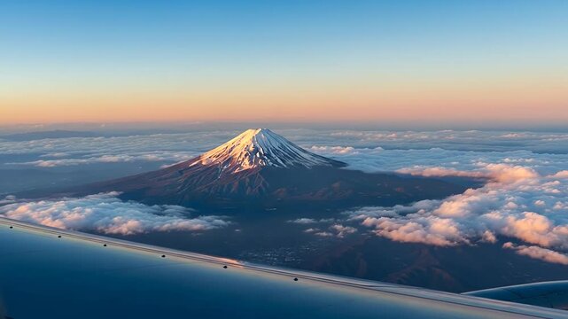 Aerial view of snow-covered mountain peak above a sea of clouds at sunrise over a vast landscape.