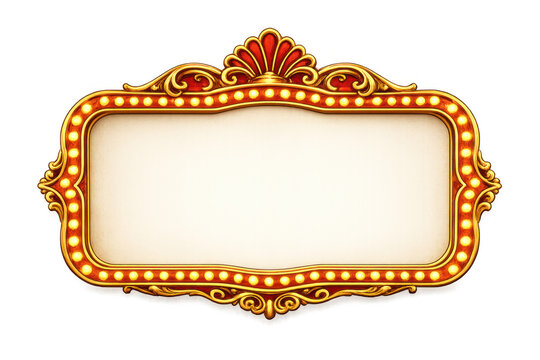 Vintage gold ornate marquee light frame with shining bulbs. Retro theater billboard border, transparent background