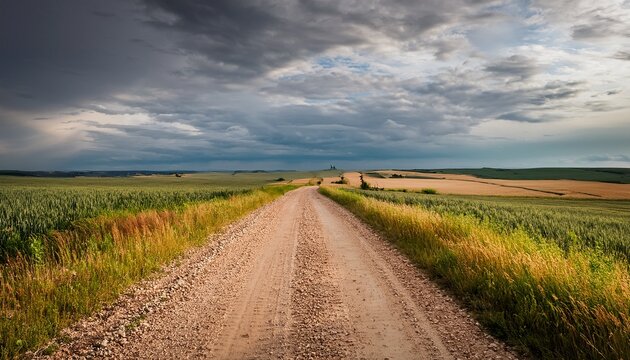 serene rural road featuring uneven gravel and dirt pathway surrounded by open fields and overcast sky ideal for nature and travel themes - Powered by Adobe