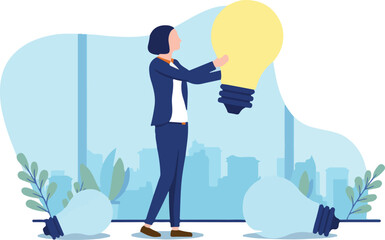 Obraz premium Businesswoman idea - Woman standing holding big light bulb in hands. Business ideas and entrepreneurship concept. Vector illustration with white background.