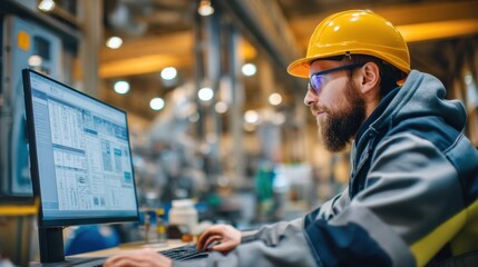 A worker in a safety helmet sits at a computer in a factory. He is focused on the screen while managing production tasks and checking data during work hours.