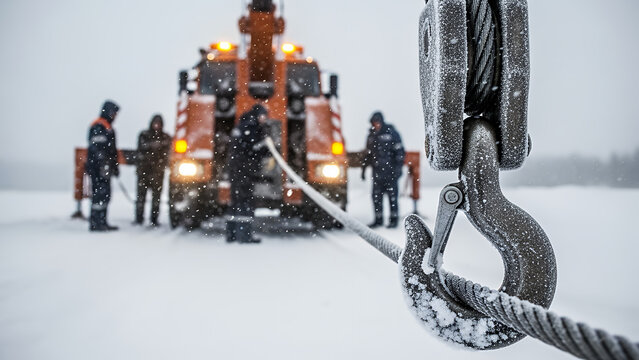 Heavy machinery crew working in snow during winter storm  