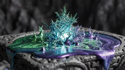 Close-up shot of a colorful, glowing liquid substance with vibrant purple and green hues flowing over an intricately carved stone surface with a mystical, abstract plant-like structure in