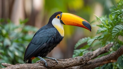 Toco toucan bird resting on tree branch