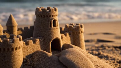 Close-up of an intricately designed sandcastle with towers and archway on a sunny beach with a blurred ocean background.