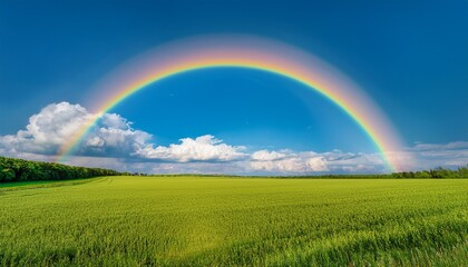 Naklejka premium stunning blue sky panoramic rainbow big fluffy clouds with a giant arcing rainbow against a beautiful summer time blue sky with copy space for messages rainbow over fields under a blue sky with white