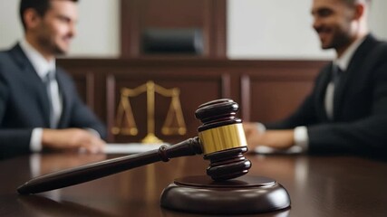 Two men shaking hands at a table, with a judge gavel in the foreground, showing a legal agreement in a courtroom setting.
