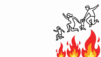Family fire escape drawing, adults and kids leap over fire. Visual shows quick action, family fire escape essential for survival. Graphic ideal for public safety, emergency plans,