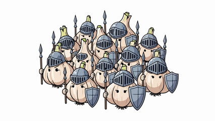 Cartoon garlic knights stand in formation, armed with spears and shields, ready for battle. Many garlic knights wear protective helmets, showing whimsical defense.