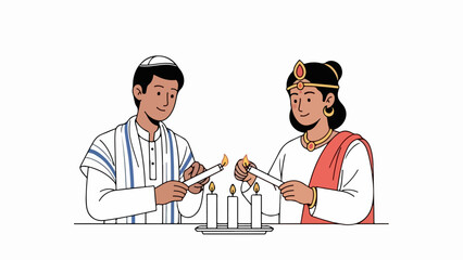 Children participate in cultural celebration, lighting candles on white background. Young boy and girl, diverse cultural backgrounds, share a meaningful cultural celebration.
