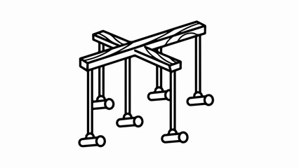 Outline drawing portrays wooden frame with six suspended mallets, resembling tools or weights. This wooden frame features intersecting beams and hanging elements.