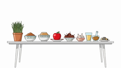 Traditional Haft-Seen table displaying sabzeh, samanu, senjed in bowls. Cultural Haft-Seen table includes fresh red apple, sumac, garlic, vinegar.