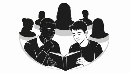 Learning discussion group shows two men reading book, surrounded by silhouetted figures. Learning discussion group symbolizes knowledge sharing, mentorship, collaborative study, educational exchange.