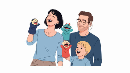 Family playing puppets, cheerful parents and young child use colorful hand characters. Enthusiastic family playing puppets engages in creative playtime activities fostering imagination.