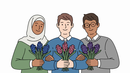 Diverse group flowers in joyful gathering, holding bouquets of purple and pink hyacinths. Three multicultural individuals celebrating unity and appreciation, showcasing diverse group flowers.