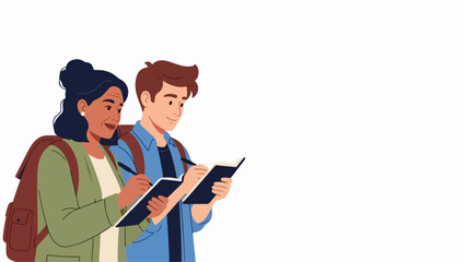 Students writing notes, two young people with backpacks diligently hold open notebooks and pens. Engaged students writing notes, focused on capturing important information for academic study.