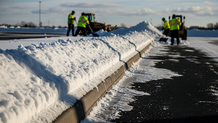 Snow removal workers clearing snow from highway during winter  