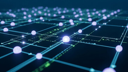 Abstract network of glowing nodes on a digital grid, conveying technology and innovation.