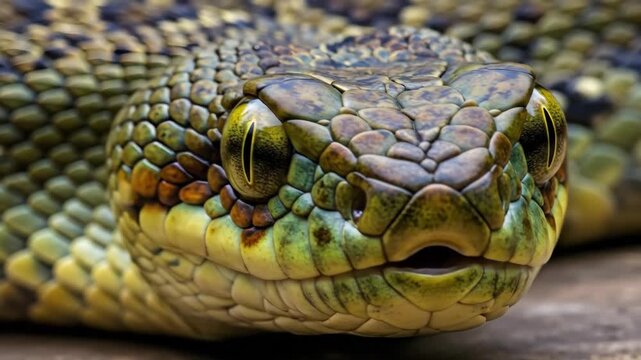 Close up of a green snake head with a forked tongue extending and retracting, showing a reptiles sensory process in nature