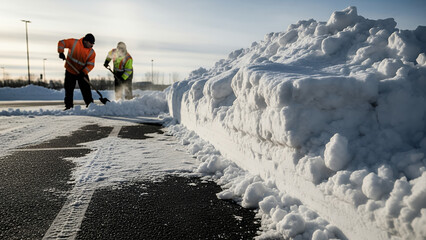 Two workers shoveling snow on parking lot during winter morning  