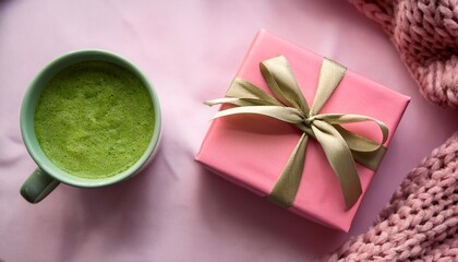 cozy flat lay of a pink gift box with a ribbon a warm green matcha latte and a soft knitted blanket perfect for hygge themed content