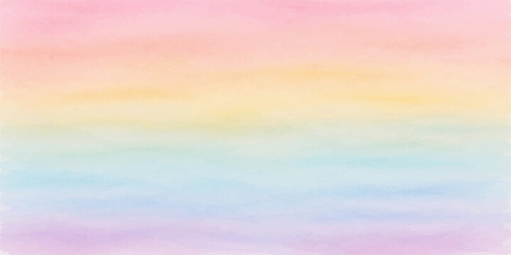 An abstract watercolor rainbow background featuring a vibrant sunrise sky with pastel clouds and bright orange textures blending into a blurred nature landscape