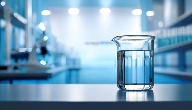 a single glass beaker filled with clear liquid placed on a lab bench sterile background and copy space