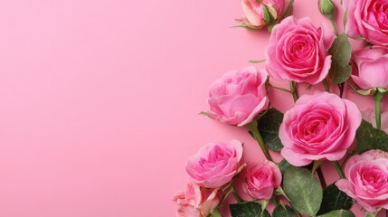 Pink roses are placed on a light pink background highlighting their shape and color. Some roses are fully open while others are still buds. This arrangement captures floral charm.