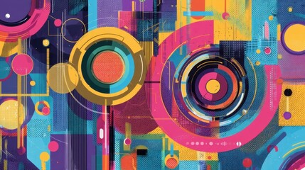 This scene displays an abstract design filled with different shapes and vibrant colors. Circles and lines create a lively pattern that captures attention.