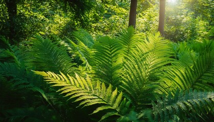 Fototapeta premium lush vibrant green tropical foliage sunlight dappled shadow fern