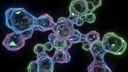 Colorful abstract molecular structures glowing against a dark background.