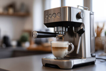 Modern espresso machine brewing a fresh cup of coffee in a stylish kitchen, showcasing the art of coffee making and the beauty of contemporary design elements