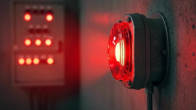 Control panel with red indicators and bright alarm light increasing in intensity for industrial safety alert
