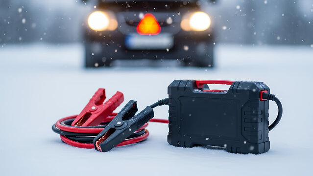 Portable jump starter with jumper cables on snow-covered ground  