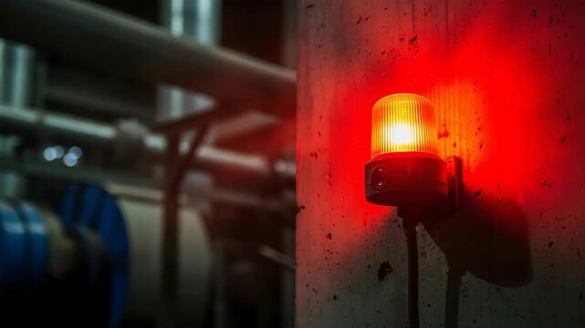 Red warning lamp blinking on concrete column, industrial safety signal in factory with pipes and machinery, alarm system